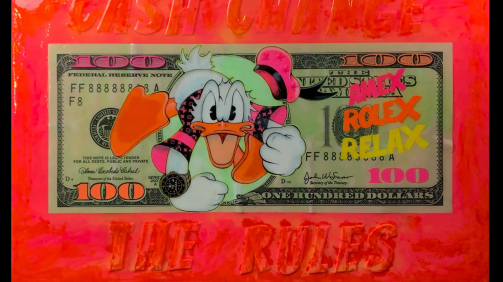 "Cash Change the Rules" - Mixed-Media auf Holz. 110x165 cm, 2021