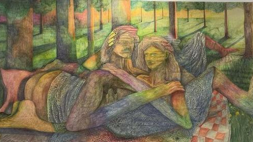 "Confused lovers" - markers of canvas, 150x300 cm, 2021
