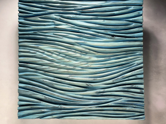 ''Turquoise Current'' - Year of creation 2024, Sequoia stained and  painted, wax finish, 25x25 inches