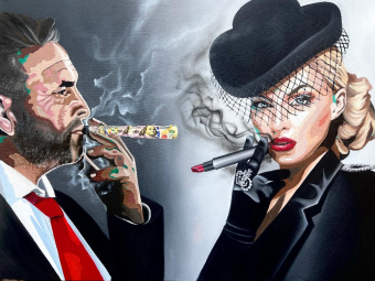 "Dollar Cigar" - Oil Dollar  Collage on Canvas, 36X48 inches,2023