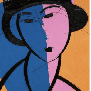 ¨Portrait with Hat in pink¨ - Technique on Wood, with Oil and Acrylic, outlined in Metals, 51 1/2 x 39 inches, 2024