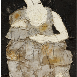 ¨Moses on black Background¨ - Technique on Jute with Oil, outlined in Metals, 110 x 77 inches, 2024