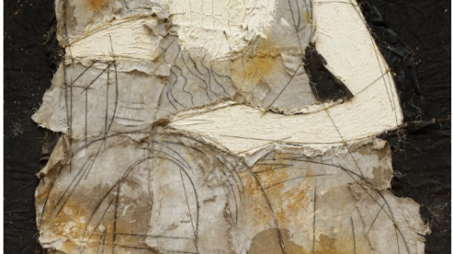¨Moses on black Background¨ - Technique on Jute with Oil, outlined in Metals, 110 x 77 inches, 2024