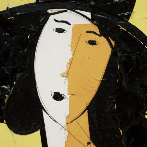 ¨Woman on yellow Background¨ - Technique on Wood, with Oil, outlined in Metals, 37 x 29 inches, 2024