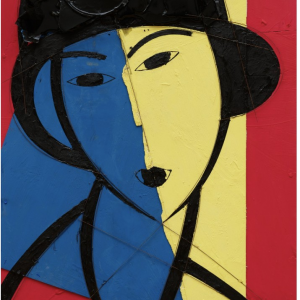 ¨Portrait with Hat on red Background¨ - Technique on Wood, Oil and Acrylic, outlined in Metals, 37 x 29 inches, 2024