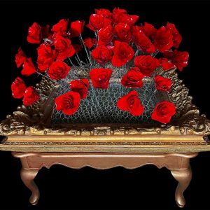 Roses Are Read - 72K  Read Roses - Flowering The Mueller Report into Read Roses  The 59 Read Roses are handmade from the paper pages of The Mueller Report, all 472 pages.  The Read Roses are spray painted Russian Red, resin dipped, with handmade barbed & chicken wire.  Other ingredients; foam core, wood and a gilded wood frame.  Height 39" x 34.13" x 38.13"