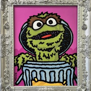 Oscar in the Can , 2025  Acrylic on Canvas with Custom Frame   21 ½ x 26 in.
