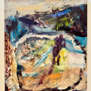 Emergence, 2024, oil, encaustics, mixed	media and collage on panel, 36 3/4 x 34 3/8 inches
