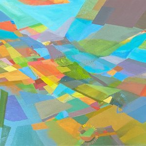 Flying Dream", (IMG_2337 Colorful Patchwork). Oil on canvas, 24 x 36 inches, 2025