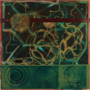 “Bottom Feeders and Geometry”, oil on canvas over wood panel, 48” x 48” x 2”, 2016