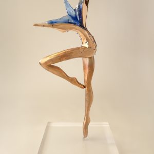 ¨Blue Soul¨ - Lost wax bronze casting, combined with shaped blue glass with imploded silver smoke, on acrylic base, 27.95 × 10.63 × 6.30 inches, 2024