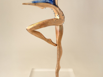 ¨Blue Soul¨ - Lost wax bronze casting, combined with shaped blue glass with imploded silver smoke, on acrylic base, 27.95 × 10.63 × 6.30 inches, 2024