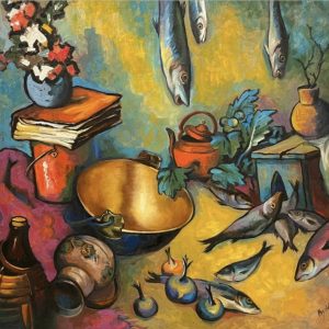 Still Life with Fish, 2017, Oil on canvas, 47 x 47 inches