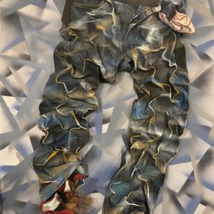 Jeans on canvas, 2025, Mixed media, 30 x 40 inches