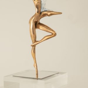 ¨White Soul¨ - Lost wax bronze casting, combined with shaped light blue glass with imploded silver smoke, on acrylic base,  11.81 × 3.94 × 3.54 inches, 2024