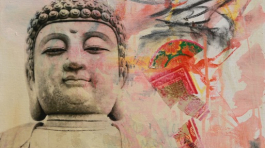 "Buddha vibes #1" - Mixed media, acrylic, decorative papers, charcoal, photo transfer, book pages on canvas board., 20X16 inches, 2024