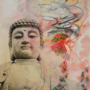 "Buddha vibes #1" - Mixed media, acrylic, decorative papers, charcoal, photo transfer, book pages on canvas board., 20X16 inches, 2024