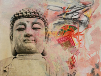 "Buddha vibes #1" - Mixed media, acrylic, decorative papers, charcoal, photo transfer, book pages on canvas board., 20X16 inches, 2024