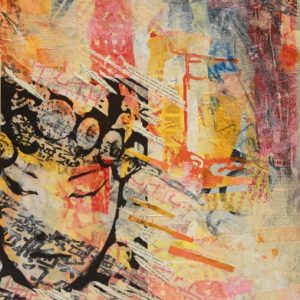 "Cantonese Opera #1" - Mixed media, acrylic, decorative papers, charcoal, photo transfer, book pages on canvas board., 20X16 inches, 2024