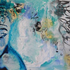 "Oasis of Reflection" - Mixed media, acrylic, decorative papers, charcoal, photo transfer, book pages on canvas board., 16X20 inches, 2024