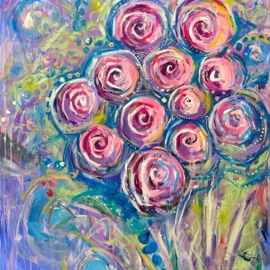 “Summer Bloom” – Acrylic and Natural Flowers on Canvas, 200 × 140 cm/ 79x55 inches , 2023