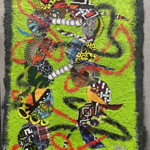 “Metamorphosis” – Acrylic and Collage on Bird Nest Paper, 28 x 38 inches, 2023