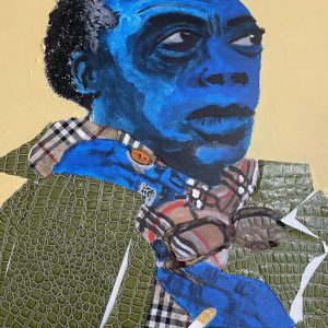 “James Baldwin: The Blueberry Chronicles” – Acrylic and Collage on Canvas, 18 x 24 inches, 2024