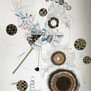 “Longings 2” - Drawing – pencil and fineliner on paper Woven paper, Crocheted wool (mostly pre-loved), 45x55 cm, 2026