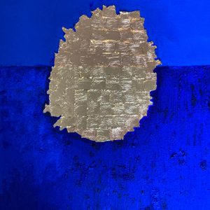 “Inner 2D” - Light and dark ultramarine blue pigments, yellow and rose gold leaf on linen canvas. Plexiglass casing and beech frame, H.80 x W.60 cm, 2026