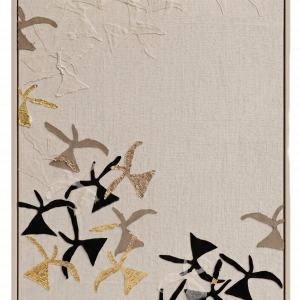 “Notre âme comme un oiseau 2” - Oil on natural linen, golden leaf on natural linen. Museum glass and beech frame, H.130 x W.90 cm, 2026