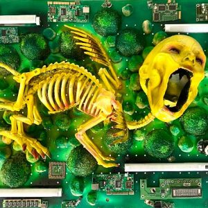"Animal" - Silicon, bird skeleton, clay, computer circuit board pieces, Features: Light with moving sensor, 70 × 120 × 20 cm, 2020