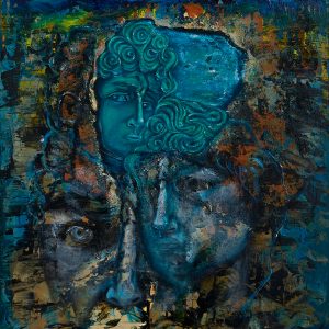 “Awareness Before Reaction” – Mixed- Media: Wood Panel, Gesso, Modelling paste, Sand, Ink, Acrylic, Oil, Shellac, 24x24 inches, 2025